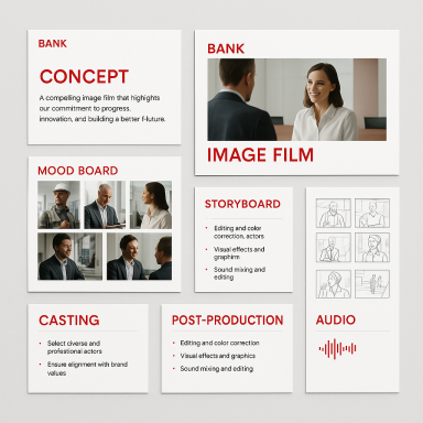 Documents showcasing a bank's concept, mood board, storyboard, casting, and post-production details.