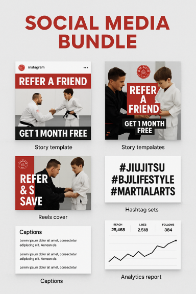 Promotional graphic for a social media bundle offering free month, referrals, and analytics.