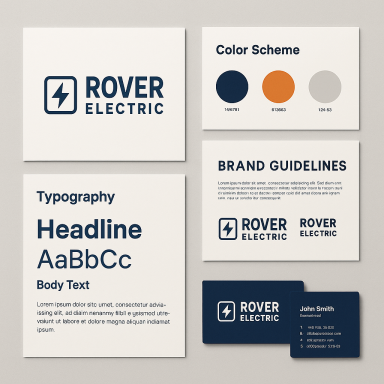 Brand identity materials for Rover Electric, including color scheme and typography guidelines.