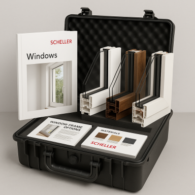 Display case with window samples and a brochure titled "Windows."
