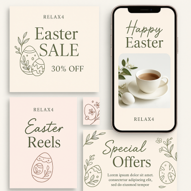 Easter sale promotion with coffee cup and decorative text elements.