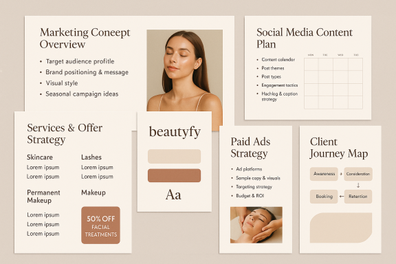 Marketing overview and social media content plan with a serene woman in a beauty concept.